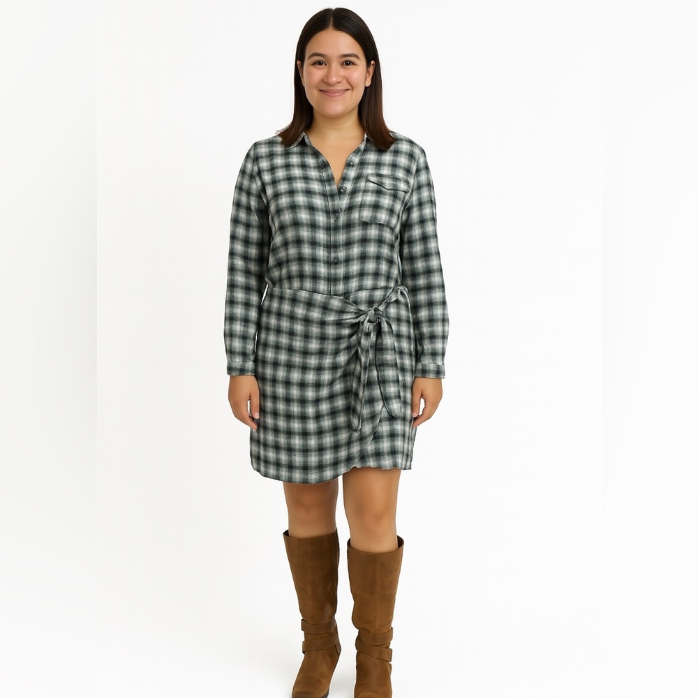 Copper Key Green Plaid Front Tie Knot Long Sleeve Shirt Dress- Size Medium